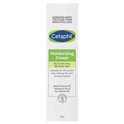 Box of Cetaphil Moisturising Cream with green label, dermatologist-tested for sensitive, dry to very dry skin.