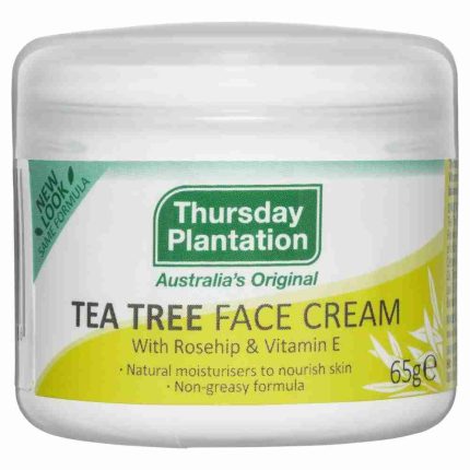 Tea Tree Face Cream by Thursday Plantation, labeled with green logo and yellow accent, 65g, with rosehip and vitamin E