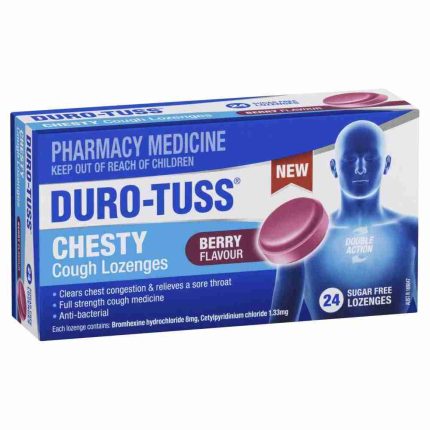 Duro-Tuss Chesty Cough Lozenges box, berry flavor, 24 sugar-free lozenges for chest congestion relief (pharmacy medicine). Collage-style packaging with blue and white design and a pink lozenge image.