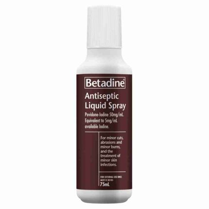 Betadine Antiseptic Liquid Spray bottle with white cap and maroon label, 75 mL, for minor cuts and skin infections.