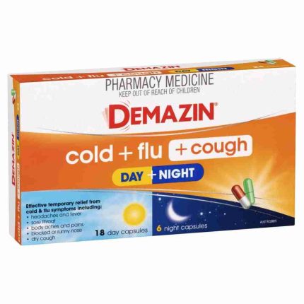 Demazin cold and flu medicine box with day and night capsules (18 day capsules, 6 night capsules).