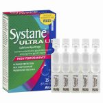 Box of Systane Ultra Lubricant Eye Drops with six individual vials next to it, showing packaging and product use