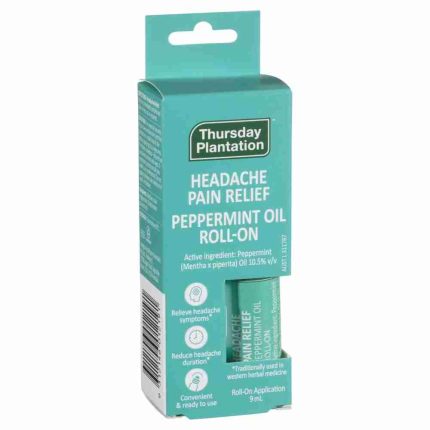 Teal packaging for Thursday Plantation Peppermint Oil Roll-On headache relief with a small roll-on bottle visible in a cutout on the box edge.
