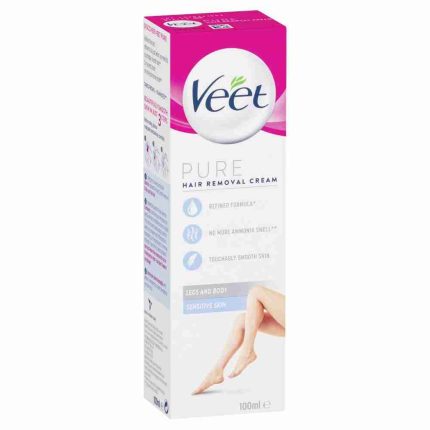 Veet Pure Hair Removal Cream box for legs and body with pink and white packaging and a leg photo on the front