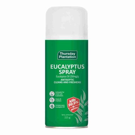 Green canister of Thursday Plantation Eucalyptus Spray with white cap; labeled as an antiseptic that cleans and freshens.