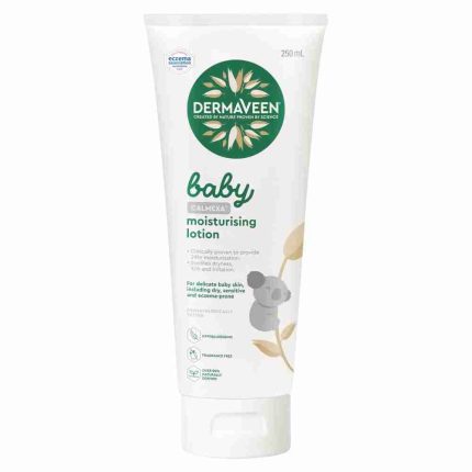 Dermaveen baby moisturising lotion tube with eczema association logo, 250 ml, for delicate baby skin; fragrance-free and hypoallergenic