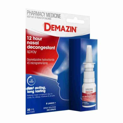 Demazin 12-hour nasal decongestant spray packaging with bottle beside a red–blue box