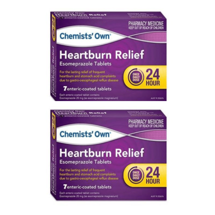 Two purple Chemists' Own Heartburn Relief esomeprazole boxes, 24-hour dosage badge visible on each front.