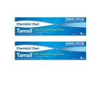Two blue boxes of Chemists' Own Tamsil antifungal cream, 15 g each, labeled 'Once Daily Anti-fungal Cream' for the treatment of tinea.