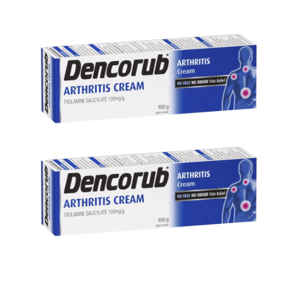 Two Dencorub Arthritis Cream boxes (white and blue) shown side by side for comparison, with bold Dencorub logo and 'Arthritis Cream' text visible on each box.