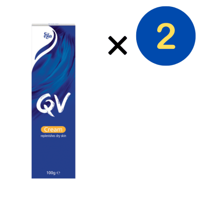 QV Cream packaging (100 g) in blue with orange 'Cream' label and description, shown with a large '× 2' indicating two tubes.