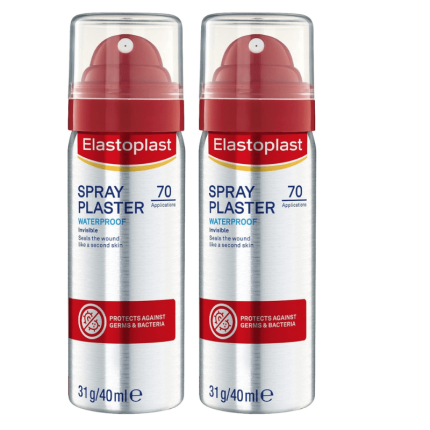 Two Elastoplast Spray Plaster cans with red caps, labeled 'SPRAY PLASTER' and 'Waterproof'.