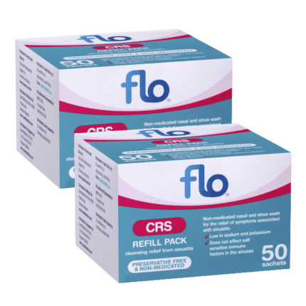 Two FLO CRS refill pack boxes for non-medicated nasal and sinus wash, containing 50 sachets each, with blue and pink packaging.