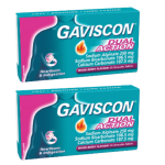 Two teal boxes of Gaviscon Dual Action chewable tablets (mixed berry flavor) for heartburn and indigestion.