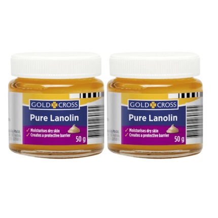 Two jars of Gold Cross Pure Lanolin (50 g each) with white lids on a white background.