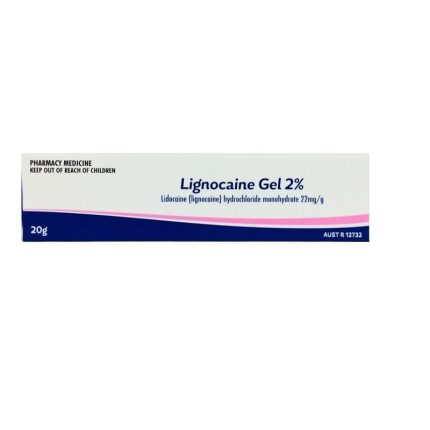 Lignocaine Gel 2% box with blue and pink design, 20g packaging.
