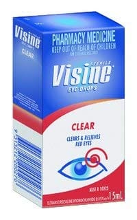 Visine Eye Drops Clear box with blue packaging and red-white label, 15 mL.