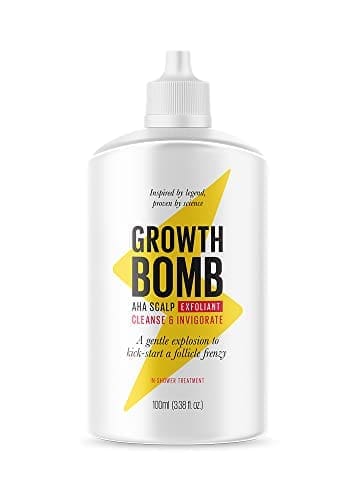White bottle of Growth Bomb scalp exfoliant with a yellow lightning bolt graphic and black text; 100 ml.