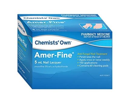 Blue Amer-Fine nail lacquer box by Chemists' Own, 5 mL, anti-fungal nail treatment; shows product features and 'Pharmacy Medicine' label on a white background.