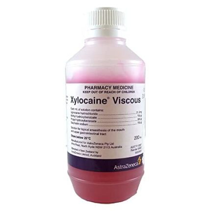 Bottle of Xylocaine Viscous local anaesthetic solution with white label and pink liquid, cap on top, AstraZeneca branding visible