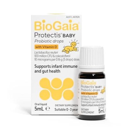 Box and small bottle of BioGaia Protectis Baby probiotic drops with Vitamin D, for infants (5 mL, suitable 0–3 years).