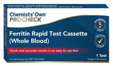 Chemists' Own ProChek Ferritin Rapid Test Cassette (Whole Blood) box with features: quick results, 1 test, self-testing use