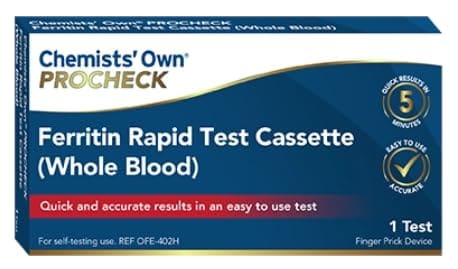 41ZlDXIcpIL.jpg Chemists' Own ProChek Ferritin Rapid Test Cassette (Whole Blood) box with features: quick results, 1 test, self-testing use