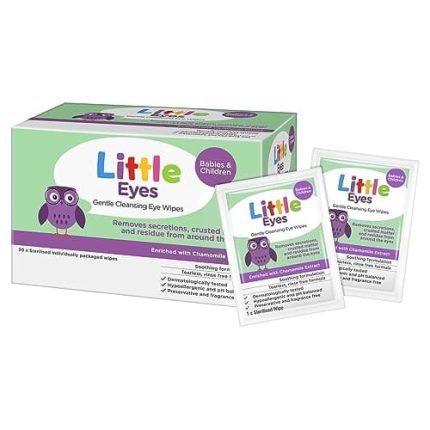 Box of Little Eyes gentle cleansing eye wipes for babies and children, featuring a purple owl mascot and individual sachets; enriched with chamomile.