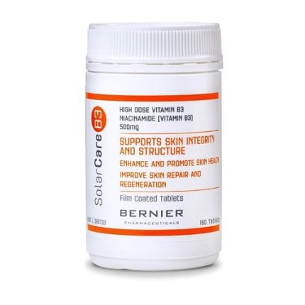 White bottle of SolarCare B3 vitamin B3 supplement; label shows 500 mg niacinamide and that it supports skin integrity and structure (film-coated tablets).