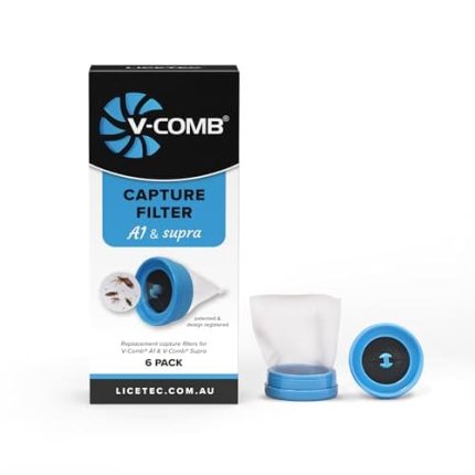 V-Comb Capture Filter replacement filters for A1 & Supra, 6-pack, shown with blue caps beside the box.