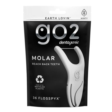 Go2 dentalgenie Molar floss picks packaging for reaching back teeth, black pouch with white handle illustration and Minty branding on top edge