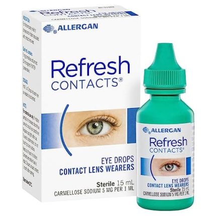 Box and green bottle of Refresh Contacts eye drops for contact lens wearers, featuring an eye graphic on the packaging.