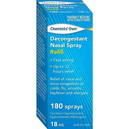 Blue box of Chemists' Own Decongestant Nasal Spray Refill, 180 sprays (18 mL), noting fast action and up to 12 hours relief; contains oxymetazoline hydrochloride.