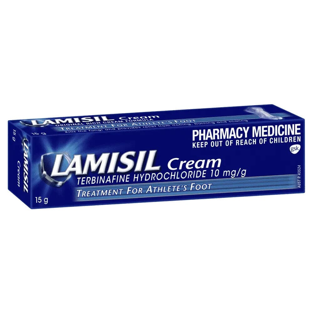 2 x Lamisil 15g Cream Treatment Athlete’s Foot Terbinafine Jock Itch Tinea = 30g Main Image Blue Lamisil Cream box showing Terbinafine 10 mg/g for athlete's foot; 15 g tube, pharmaceutical packaging details visible