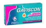 Gaviscon Dual Action box showing heartburn relief, mixed berry flavor, 16 chewable tablets (for heartburn & indigestion)