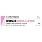 Box of Dermaid Soft 0.5% cream, a pharmacy medicine containing hydrocortisone 0.5% w/w for sensitive skin; 30 g. Keep out of reach of children.