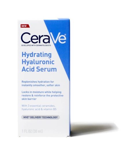 Box of CeraVe Hydrating Hyaluronic Acid Serum with blue and white packaging, showing product name and branding.