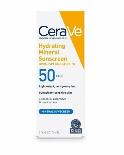 CeraVe Hydrating Mineral Sunscreen SPF 50 box with white and yellow packaging, labeled for sensitive skin and mineral sunscreen (2.5 fl oz).