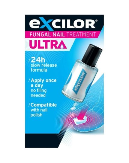 Excilor Ultra fungal nail treatment box with a tilted bottle on a blue gradient background, featuring 24h slow release formula and application instructions.