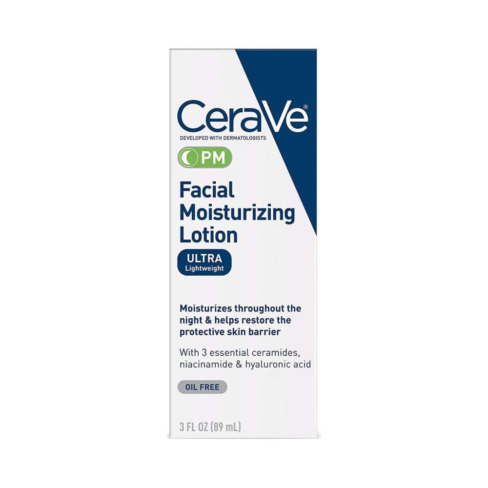 CeraVe PM Facial Moisturizing Lotion – 89 mL Main Image CeraVe Facial Moisturizing Lotion box with blue and white diagonal design and 'Ultra Lightweight' label (oil-free).