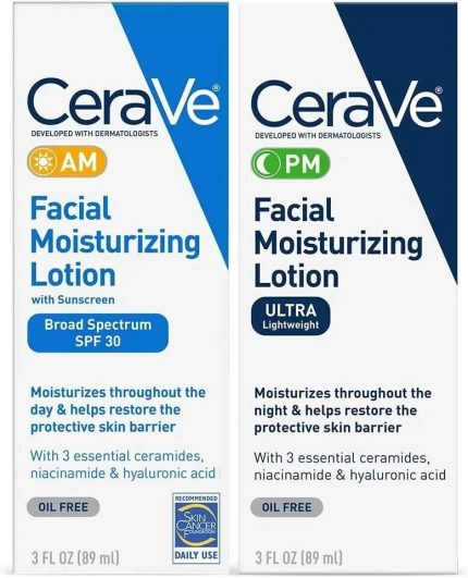 Two CeraVe Facial Moisturizing Lotion boxes side by side: AM with SPF 30 on the left and PM Ultra Lightweight on the right; both show brand and product details.