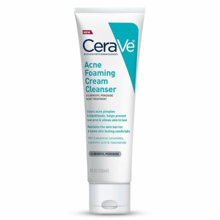 CeraVe Acne Foaming Cream Cleanser tube with teal diagonal design and