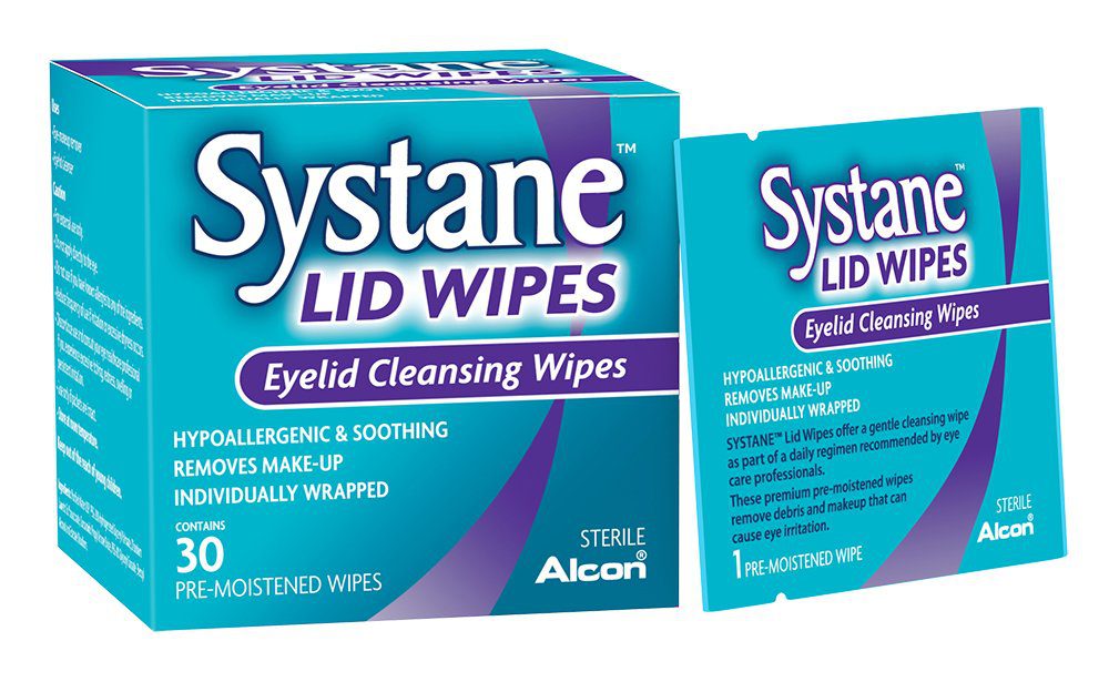 Version 1.0.0 Systane Lid Wipes packaging for eyelid cleansing, showing a blue box and a smaller pouch with ‘Systane Lid Wipes’ label.