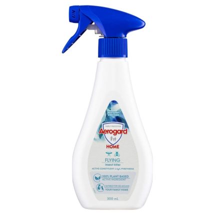 White spray bottle of Aerogard Home Flying insect killer with a blue trigger, 300 mL