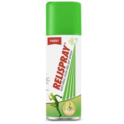 Can of Relispray natural pain relief spray with a bright green cap and green curved lines on the label, suggesting sports use.
