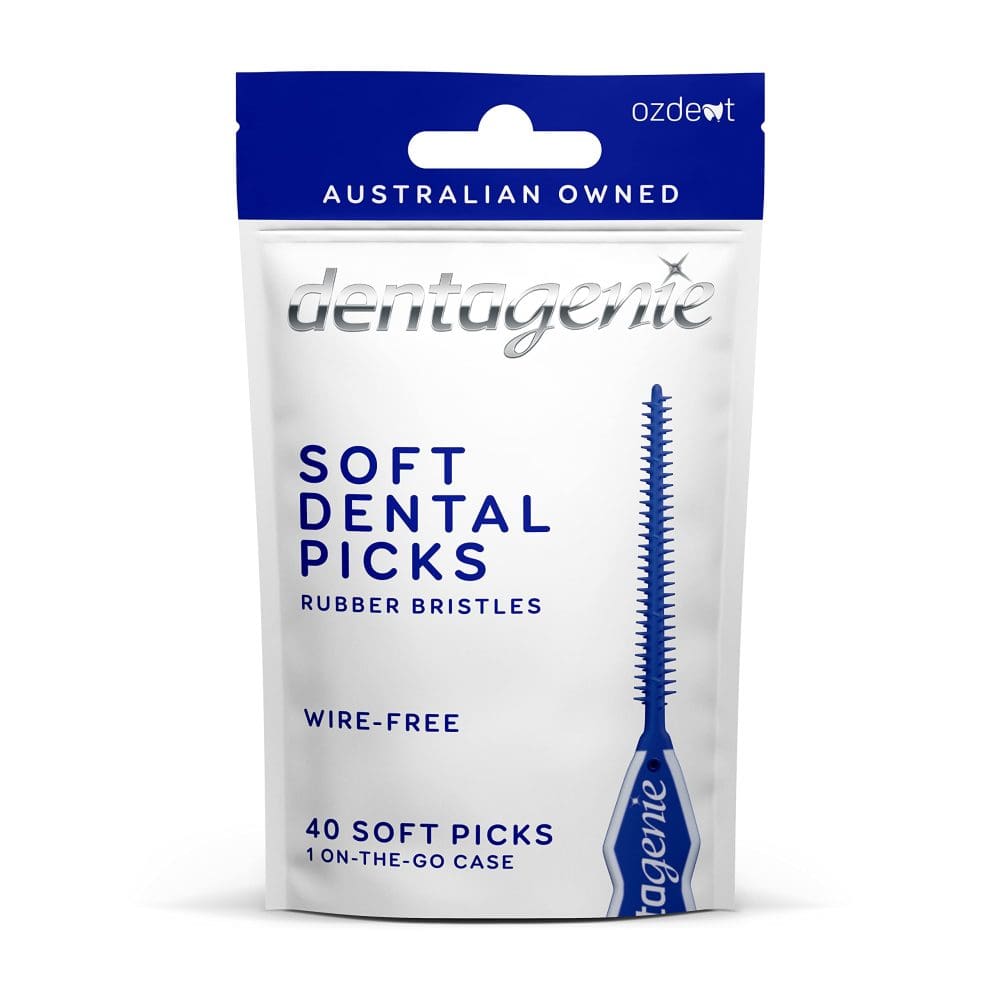 710jz8M6lL.jpg Package of Dentagenie Soft Dental Picks with rubber bristles, 40 per case, Australia-owned OzDent branding visible on top.