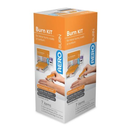 Orange-and-white burn kit box labeled 'Burn KIT' with AERO branding and '7 items' listed on the front.