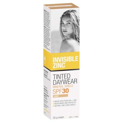 Box of Invisible Zinc tinted daywear SPF 30 sunscreen; yellow label and a black‑and‑white photo of a woman on the front image area.