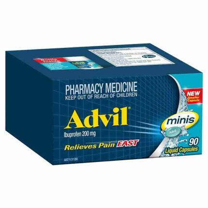 Box of Advil ibuprofen 200 mg liquid capsules for fast pain relief.