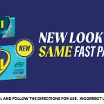 Advil product ad showing two blue boxes and large white-and-yellow 'NEW LOOK Advil SAME FAST PAIN RELIEF' text on a dark blue background, Haleon logo top right.